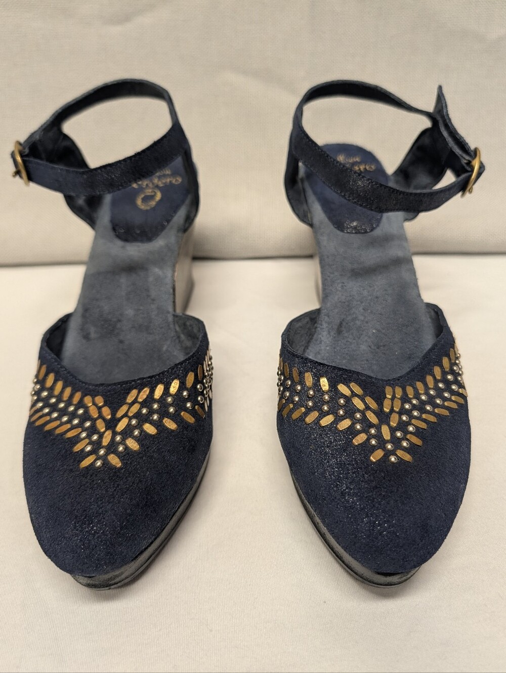 Calleen Cordero Navy Suede Ankle-Strap Point Wedge w/ Gold Stud Detailing Size 9